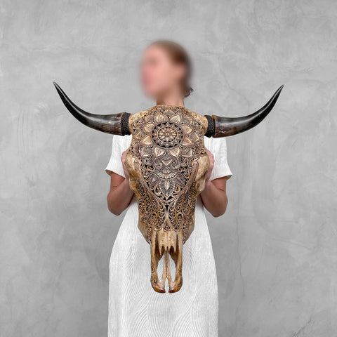 Mandala Bloom Skull | Gegraveerde Stierenschedel